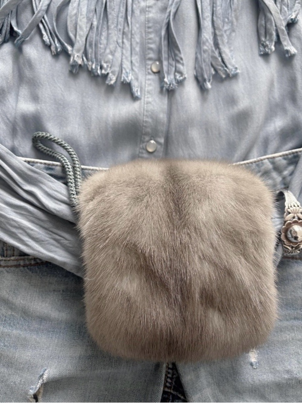 Vintage  luminous genuine Fur Belt Bag, muff in grey